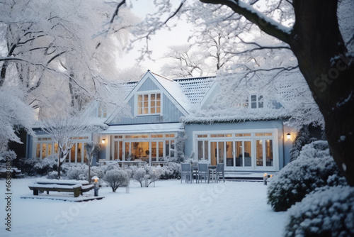 Winter's Glow: Illuminated Country House Amidst Snowy Serenity