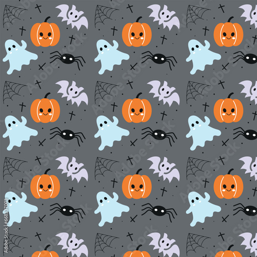 Seamless Halloween pattern with pumpkin, ghost bat, ghost, spider and web. Vector pattern