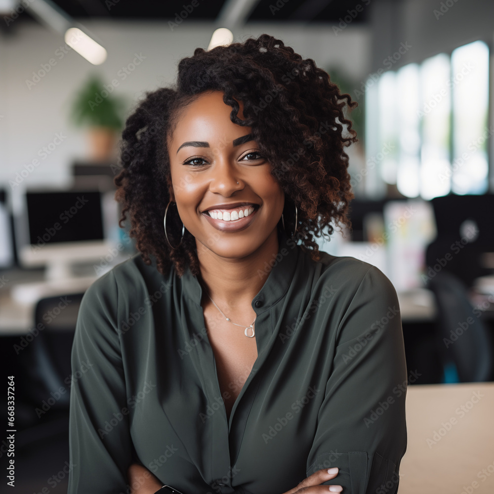 Light-skinned business woman in an office setting smiling with earthy tone clothes and mid curly hair hands crossed Light-skinned business woman in an office setting smiling with earthy tone clothes and mid curly hair hands crossed