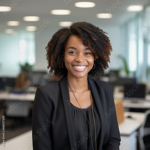 Light-skinned business woman in an office setting smiling with earthy tone clothes and mid curly hair