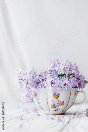 a small porcelain cup with lilac on a white background