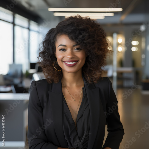 Light-skinned businesswoman in an office setting smiling with earthy tone clothes and mid curly hair