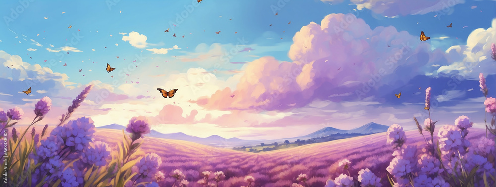 Serene sky over a lavender field in full bloom, with bees and butterflies buzzing about, Anime Style.