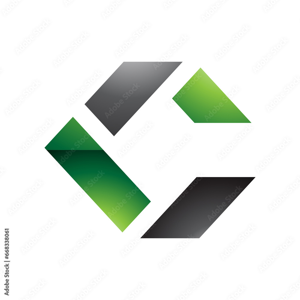 Black and Green Glossy Square Letter C Icon Made of Rectangles