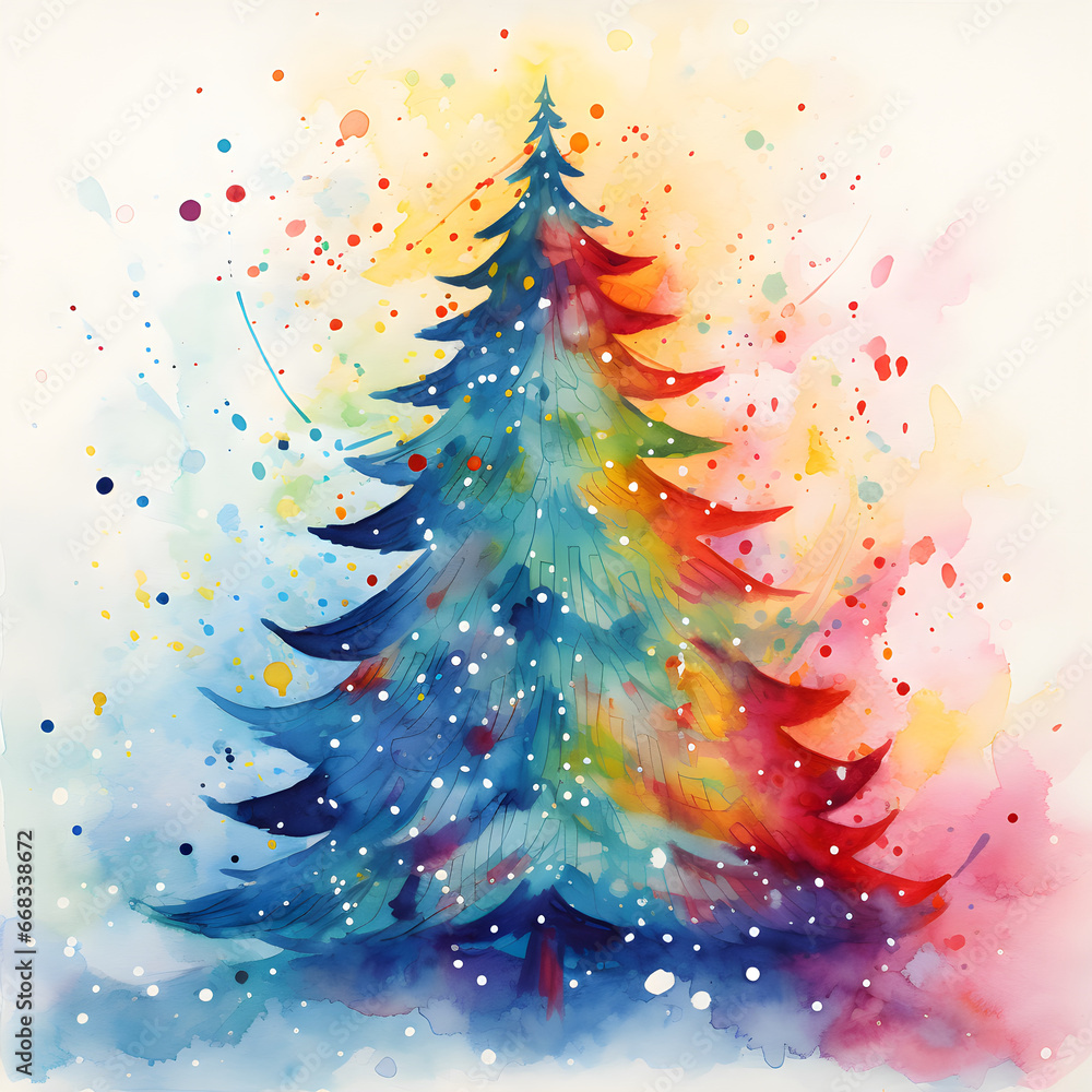 Colorful watercolor christmas tree isolated on white