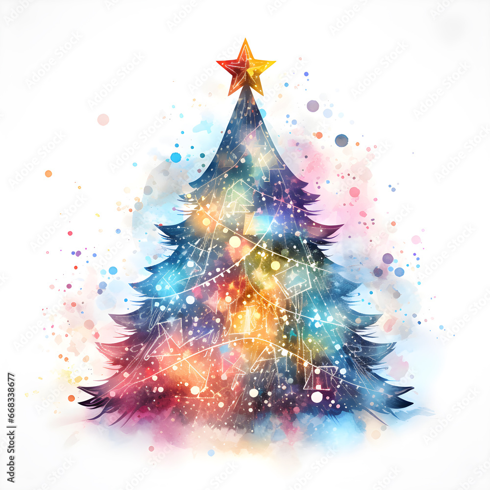 Colorful watercolor christmas tree isolated on white
