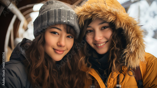 Ttwo young asian girls take a selfie, smiling in winter. photo