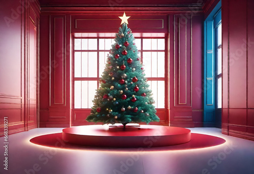 christmas tree in the middile of showcase in minimal style with bright colors photo