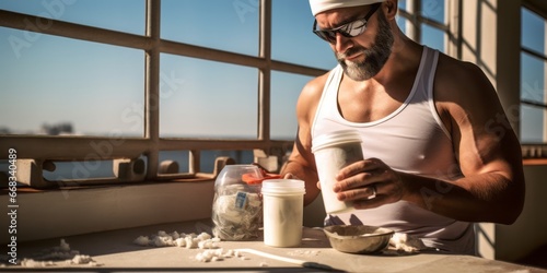 Fueling the Workout: A Man in Gym Gear Prepares His Protein Shake, Embracing a Healthy and Active Lifestyle with a Focus on Fitness, Nutrition, and Optimal Sports Performance