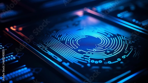 Blue Biometric Fingerprint on Digital Security System