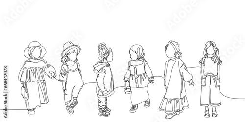 International day of girl child line art.group of stylish little girl friends. Young toddlerart Cool dress for girls. Trendy dressing of young kids. Fashionable stylish girl line art vector sisterhood