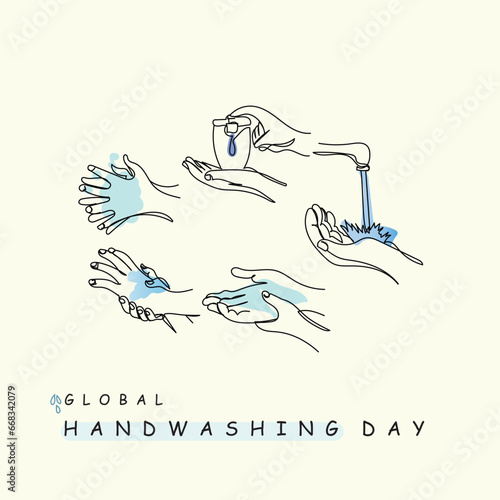 International hand washing day line art. Wash your hands steps vintage style art. Sanitized hand wash. SOPs to stop spread of viral diseases. Cleanliness. Global hand hygiene. Instructions banner art