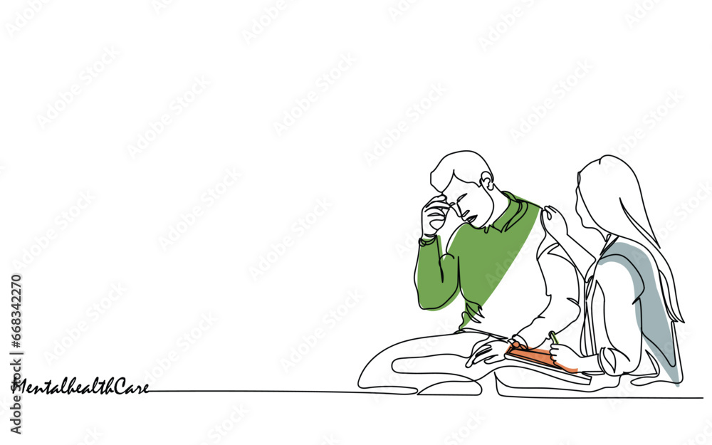 Fototapeta premium Mental health awareness october line art. Mental health matters. Depression anxietY psychological disorders. Professional help. Stressed with distress young man female therapist graphic vector art