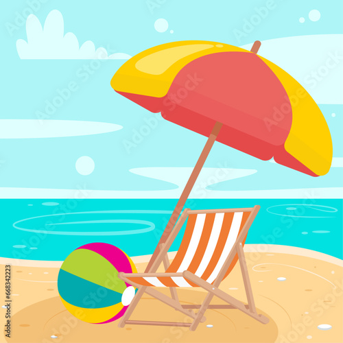 Beach landscape with lounge chair, sun umbrella, and beach ball