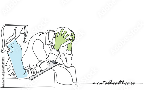 Mental health awareness october line art. Mental health matters. Depression anxietY psychological disorders. Professional help. Stressed with distress young man female therapist graphic vector art