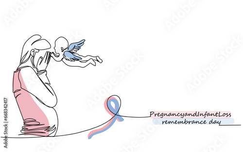 International day of Pregnancy and infant loss remembrance day line art poster. Miscarriage and terminated pregnancy. Sad pregnant woman with unborn child with wings. Pink and blue ribbon. Difficult