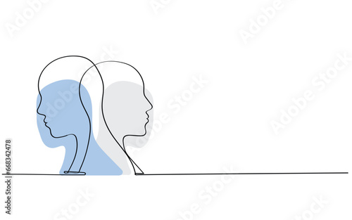 Split Personality disorder . Bipolar disorder. Mental health awareness day. Psychology concept line art. Depression help. Dissociative personality disorder. Mania mood swings guilt despair