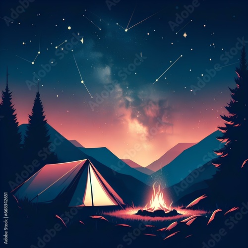 Camping Tent with Mountain Landscape Background and Shining Stars at Night © MYN Studio