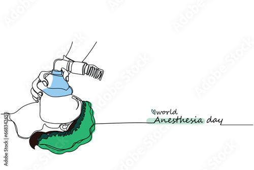 World anesthesia day line art. Patient head mask and oxygen mask. Person lying on a table in operation theater. Anesthetist. Anesthetic. Surgery, Hospital. October celebrates anesthesia day for doctor