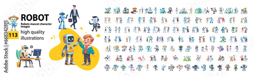 Happy modern robot mascot characters. Cartoon style characters smiling flat vector illustration isolated on white background.