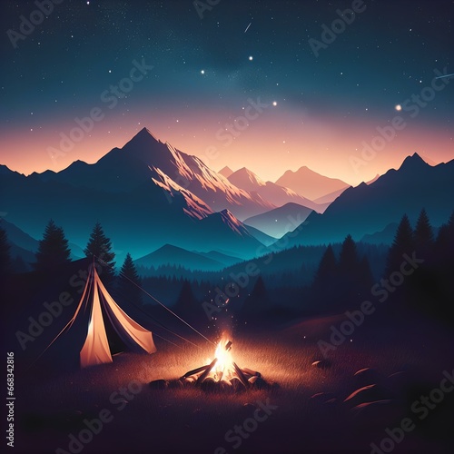 Camping Tent with Mountain Landscape Background and Shining Stars at Night