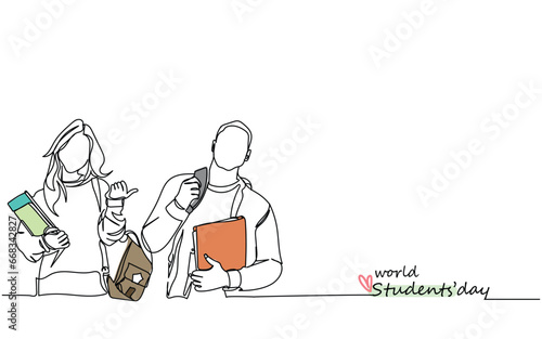 world students' day celebration line art. Poster of hard working teenage high school students. University students chit chatting. Learning at educational institute. Files books and laptops vector art