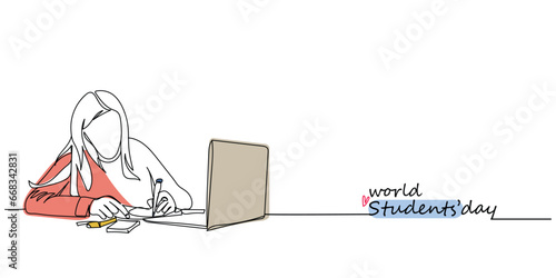world students' day celebration line art. Poster of hard working teenage high school students. University students chit chatting. Learning at educational institute. Files books and laptops vector art