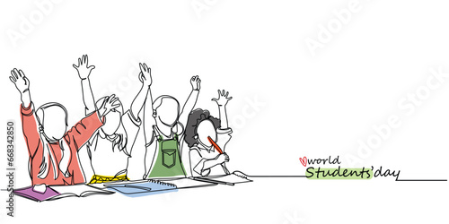 world students' day celebration line art. Poster of hard working teenage high school students. University students chit chatting. Learning at educational institute. Files books and laptops vector art