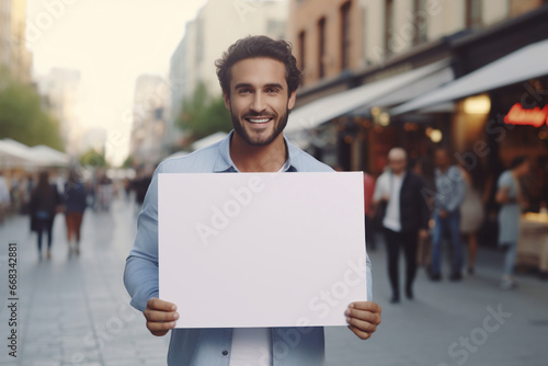 young caucasian handsome man at outdoors holding an empty placard