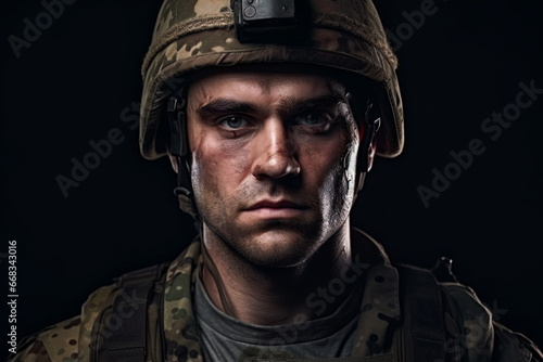 adult caucasian military man over dark background © luismolinero