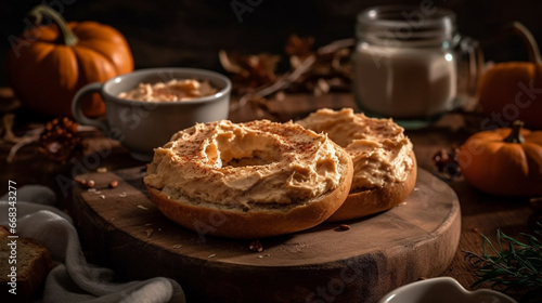 Pumpkin bagel with pumpkin cream cheese for advertising AI generative photo