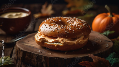 Pumpkin bagel with pumpkin cream cheese for advertising AI generative photo