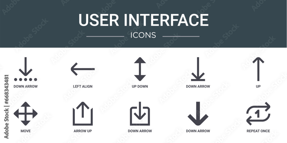 set of 10 outline web user interface icons such as down arrow, left ...