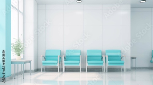 Empty modern hospital corridor  clinic hallway interior background with white chairs for patients waiting for doctor visit. 