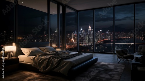 penthouse bedroom at night, dark gloomy, A room with a view of the city 