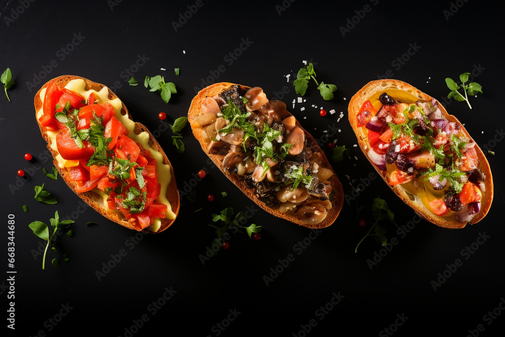 Bruschetta with different fillings on grey background with copy space, Generative AI