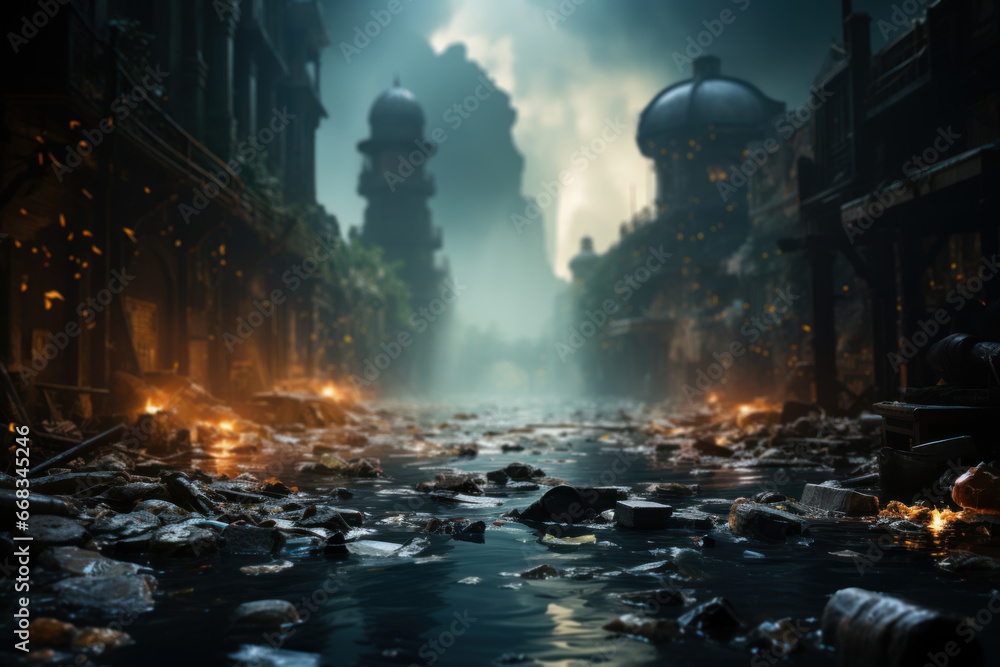 Microbial enzymes breaking down plastic waste in a futuristic recycling