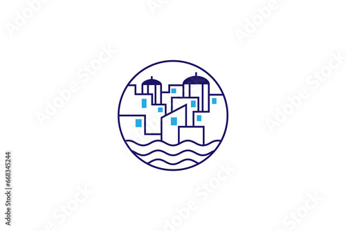Santorini city logo with blue lines in a circle shape
