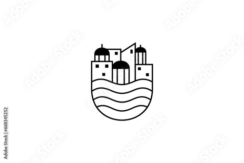 Santorini building logo with wave elements line art design style