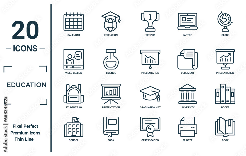 education linear icon set. includes thin line calendar, video lesson ...
