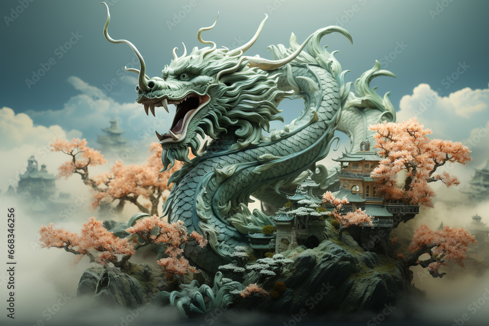 Fototapeta premium Traditional Asian green dragon close up, green background. 2024 Chinese New Year zodiac sign. AI Generative