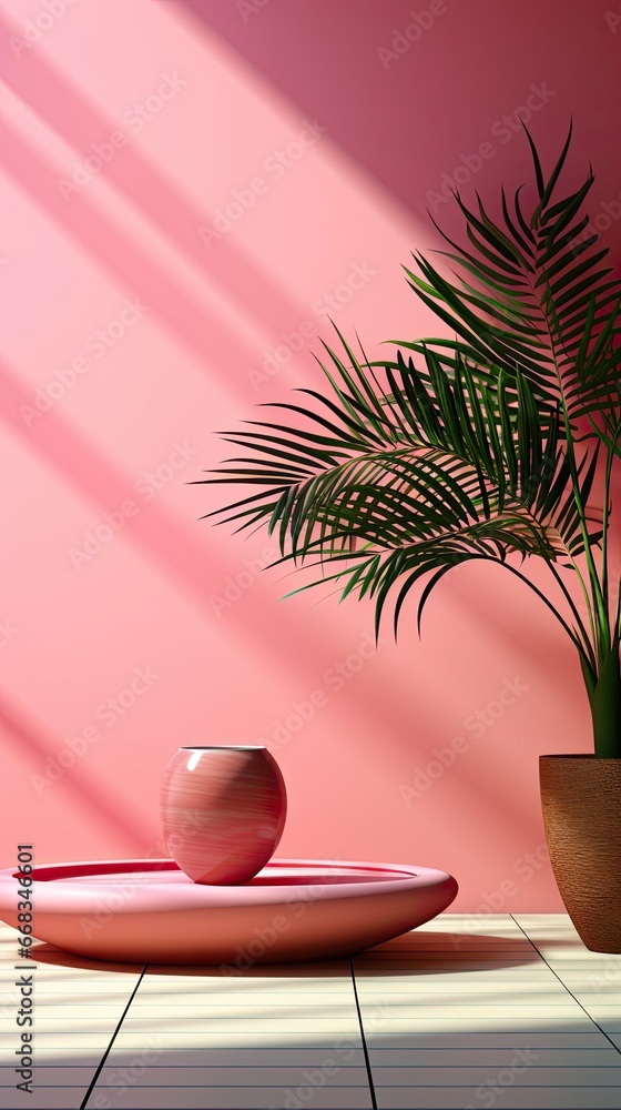 Abstract tree and leaves branch shadow colorful background on pink concrete wall or rose gold texture for background, wallpaper and any design, nature pattern shadow background. Generative AI art