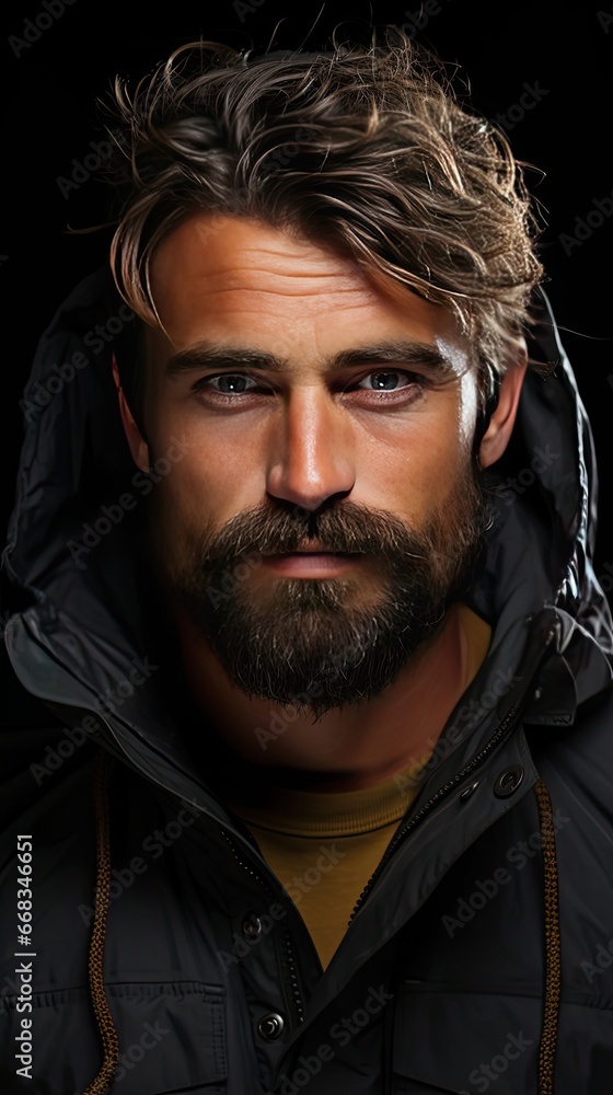 Fototapeta premium Close-up face of young bearded man on dark background. Man face portrait illustration. Generative AI