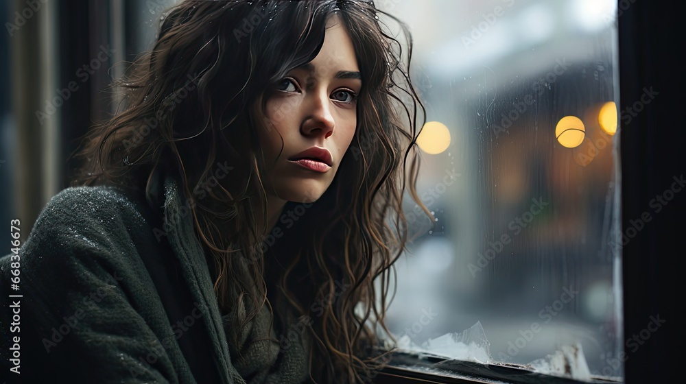 Sad girl on the windowsill looking out the window. Sad emotion illustration. Generative AI Sad girl on the windowsill looking out the window. Sad emotion illustration. Generative AI