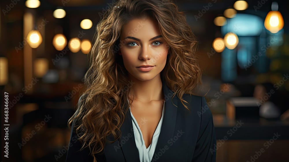 Image of happy young business woman posing over background. Woman portrait illustration. Generative AI Image of happy young business woman posing over background. Woman portrait illustration. Generative AI