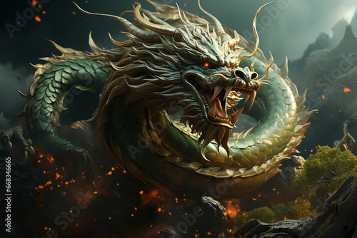 Traditional Asian green dragon close up, green background. 2024 Chinese New Year zodiac sign. AI Generative