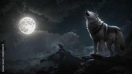 Lone Wolf Standing on a Cliff Howling on a Full Moon  photo