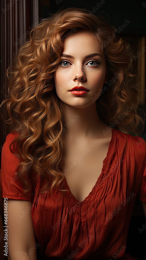 Beautiful smiling woman with long wavy hair. Girl curly hairstyle and red manicure nails. Beauty,makeup and cosmetics. Model illustration. Generative AI Beautiful smiling woman with long wavy hair. Girl curly hairstyle and red manicure nails. Beauty,makeup and cosmetics. Model illustration. Generative AI