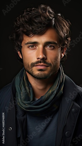 Young indian man wearing dark blue sweater. Man face portrait illustration. Generative AI