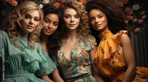 Group of diversity beauty models portrait. Multi-ethnic women with different skin types posing on background. Model illustration. Generative AI photo